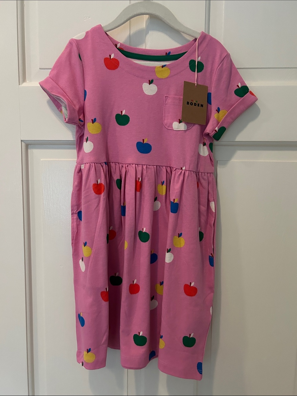 NWT Mini Boden Pink Apple Print Short Sleeve Cotton Dress